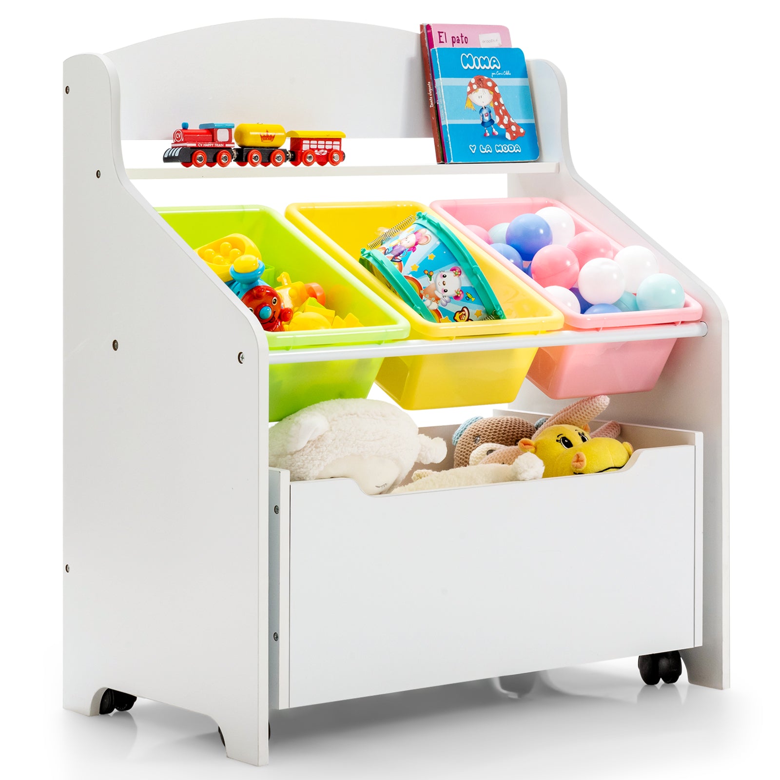 Kids Wooden Storage Cabinet with Rolling Casters Book Shelf Organizer-White