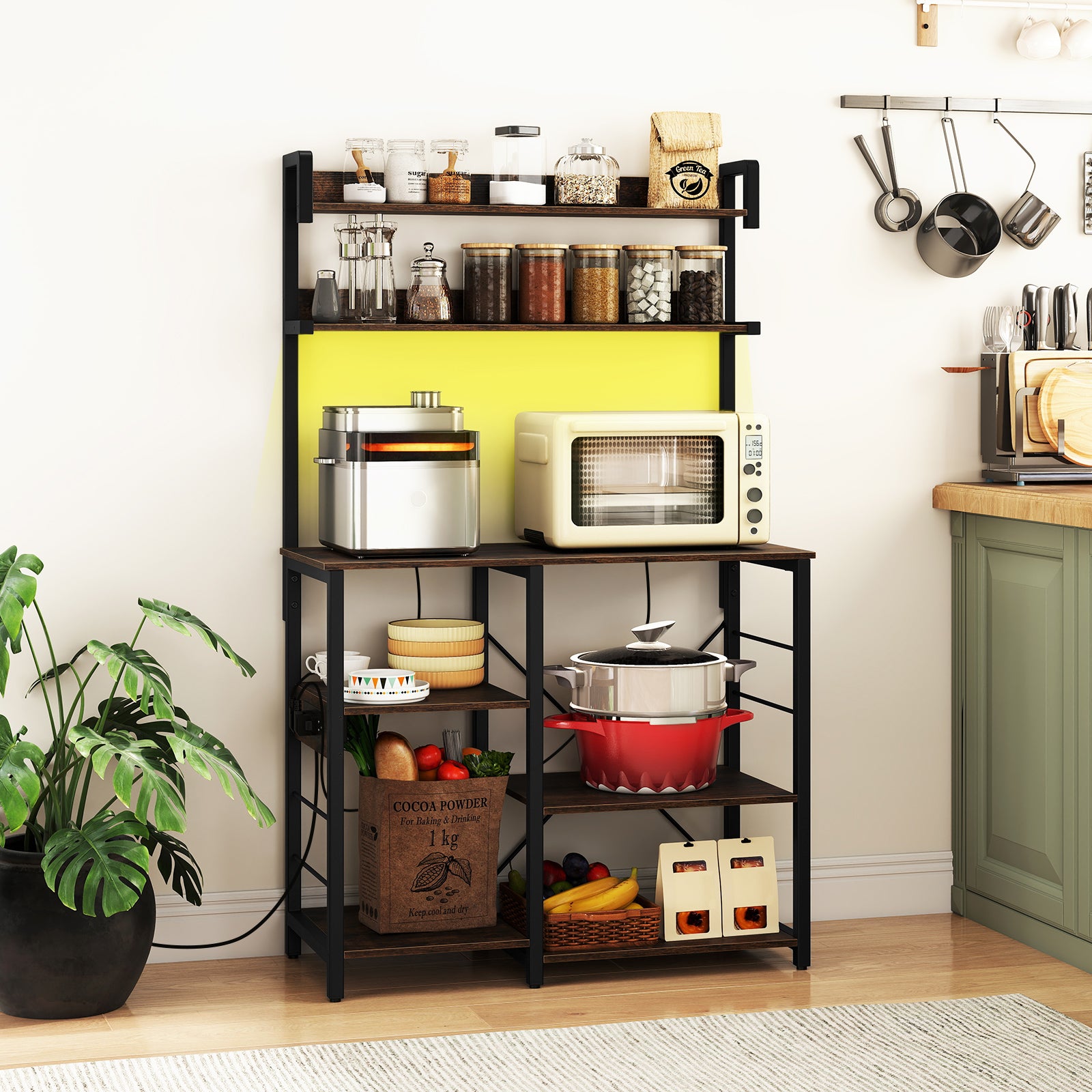 Kitchen Bakers Rack with Power Outlet and LED Lights-Rustic Brown