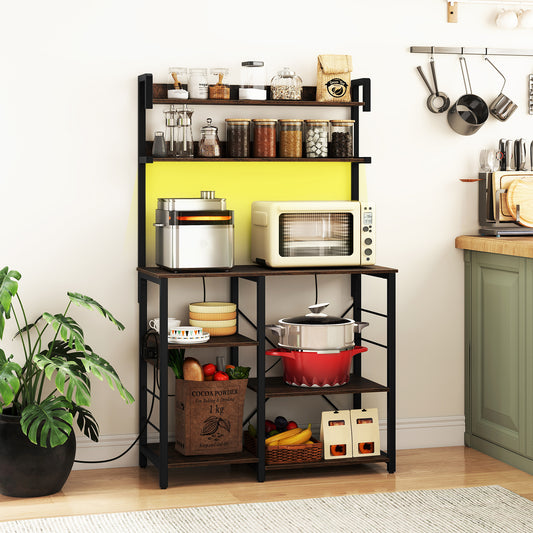 Kitchen Bakers Rack with Power Outlet and LED Lights-Rustic Brown