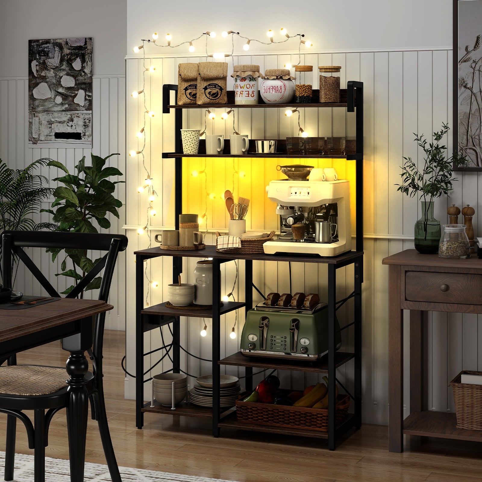 Kitchen Bakers Rack with Power Outlet and LED Lights-Rustic Brown