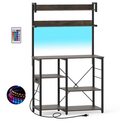 Kitchen Bakers Rack with Power Outlet and LED Lights-Rustic Brown
