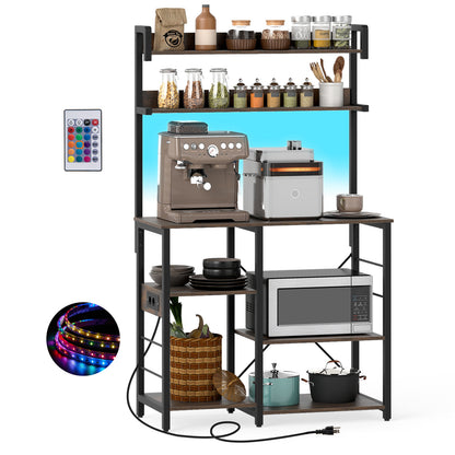 Kitchen Bakers Rack with Power Outlet and LED Lights-Rustic Brown