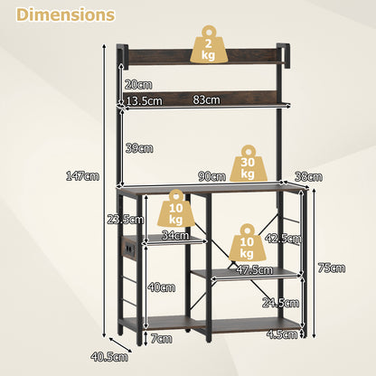 Kitchen Bakers Rack with Power Outlet and LED Lights-Rustic Brown