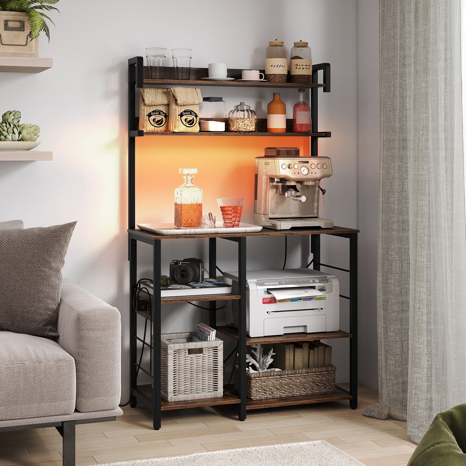 Kitchen Bakers Rack with Power Outlet and LED Lights-Rustic Brown