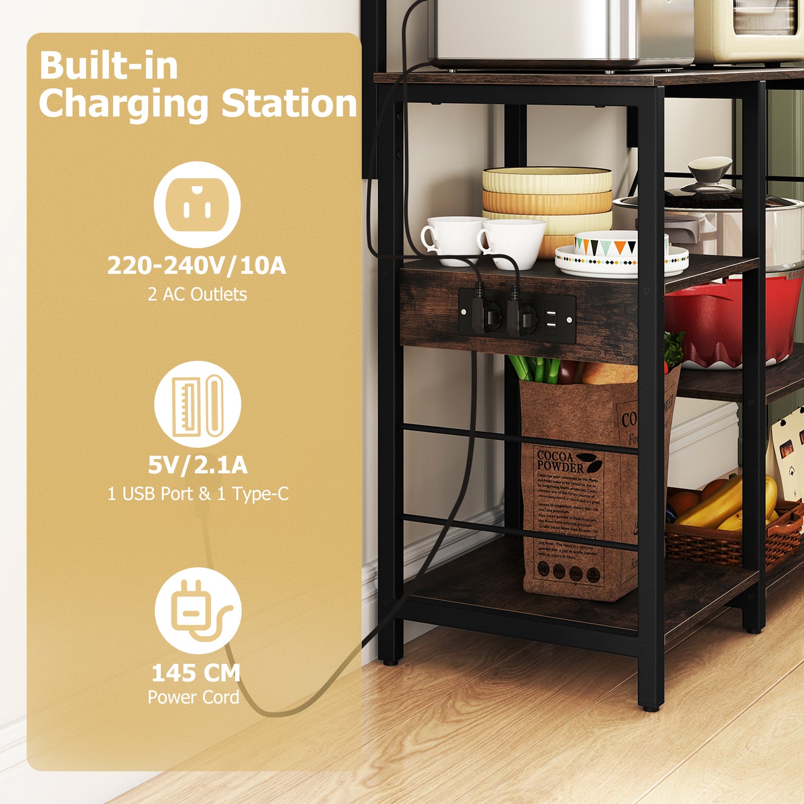 Kitchen Bakers Rack with Power Outlet and LED Lights-Rustic Brown