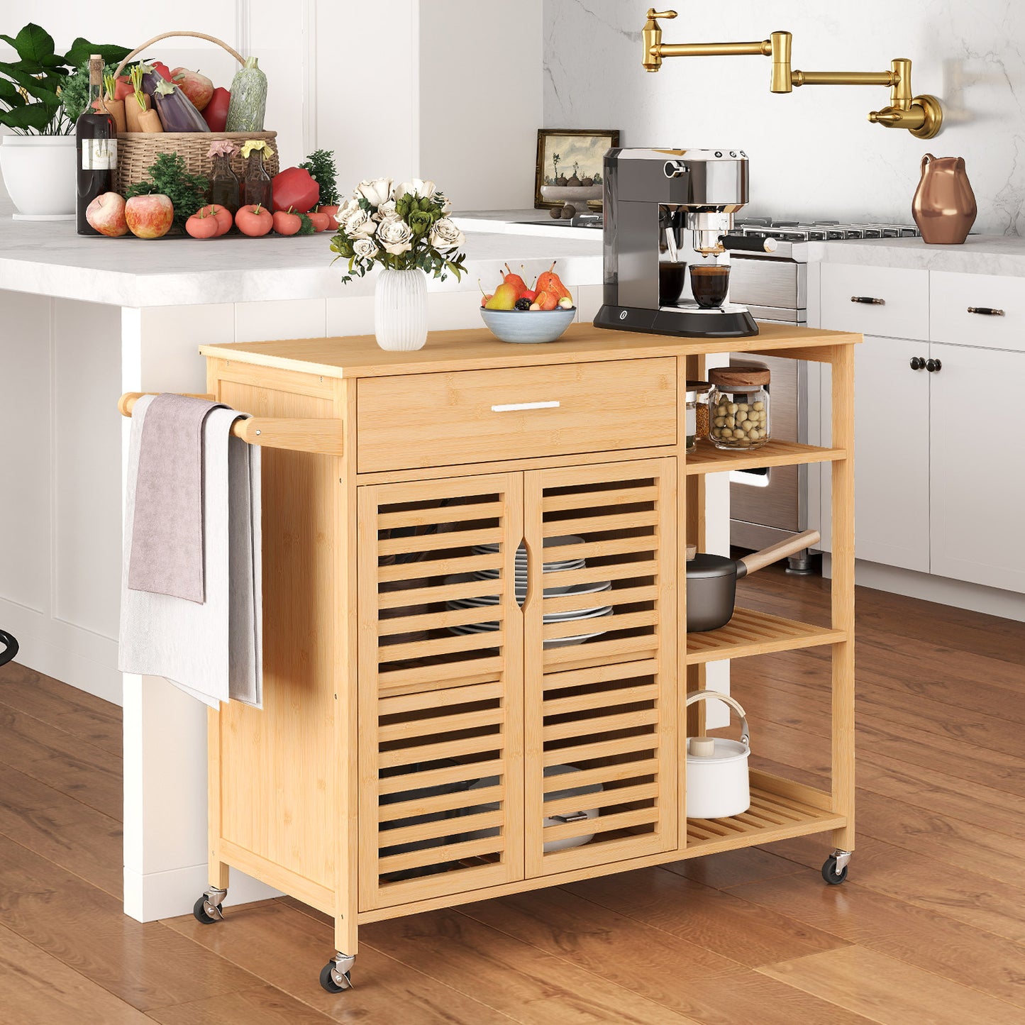 Kitchen Island Cart on Wheels with Sturdy Bamboo Frame-Natural