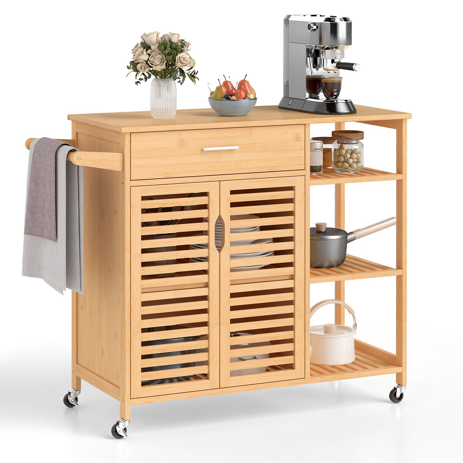 Kitchen Island Cart on Wheels with Sturdy Bamboo Frame-Natural