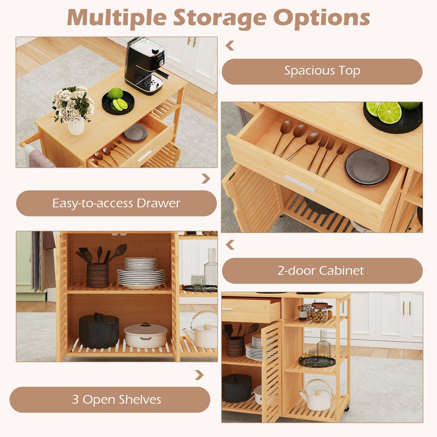 Kitchen Island Cart on Wheels with Sturdy Bamboo Frame-Natural