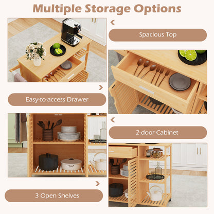 Kitchen Island Cart on Wheels with Sturdy Bamboo Frame-Natural