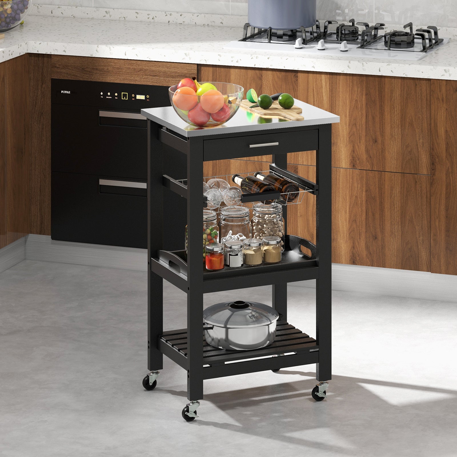 Kitchen Rolling Island with Stainless Steel Countertop and Basket-Black