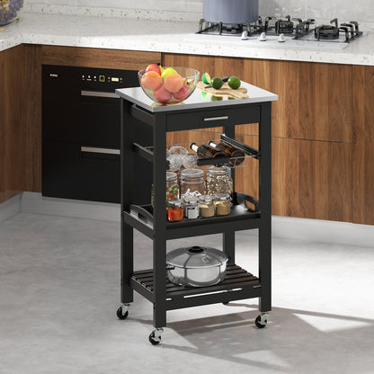 Kitchen Rolling Island with Stainless Steel Countertop and Basket-Black