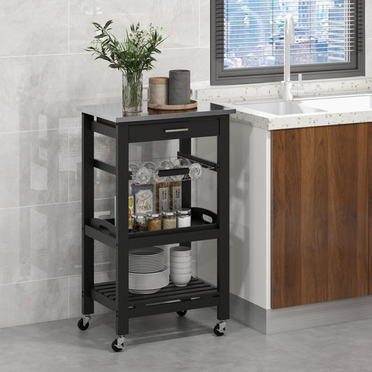 Kitchen Rolling Island with Stainless Steel Countertop and Basket-Black