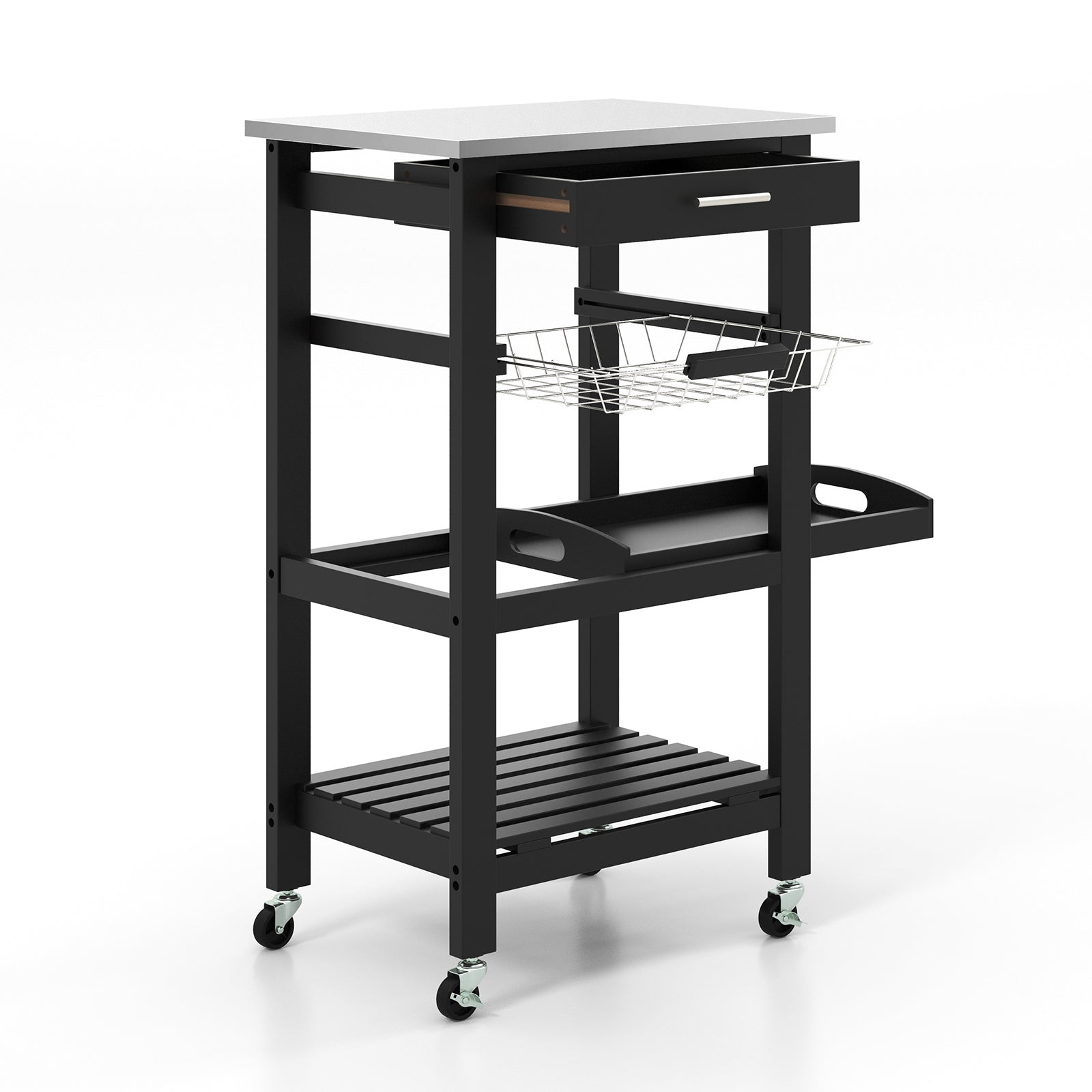 Kitchen Rolling Island with Stainless Steel Countertop and Basket-Black