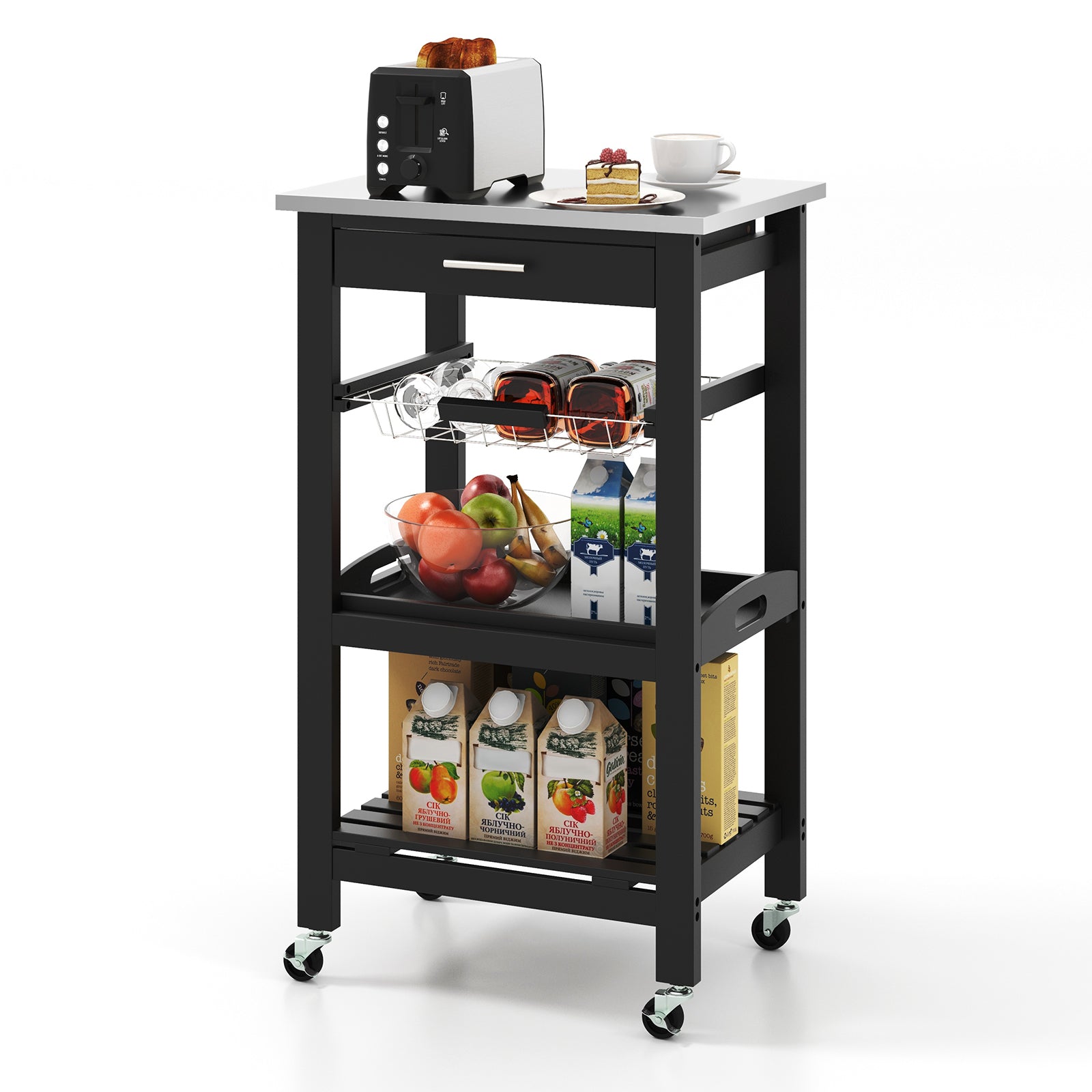 Kitchen Rolling Island with Stainless Steel Countertop and Basket-Black