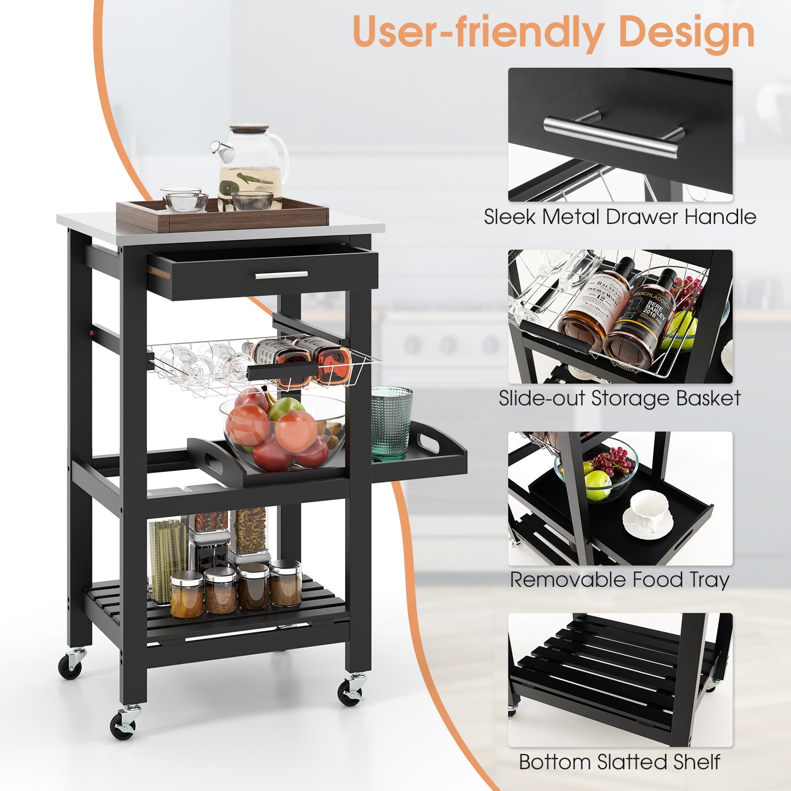 Kitchen Rolling Island with Stainless Steel Countertop and Basket-Black