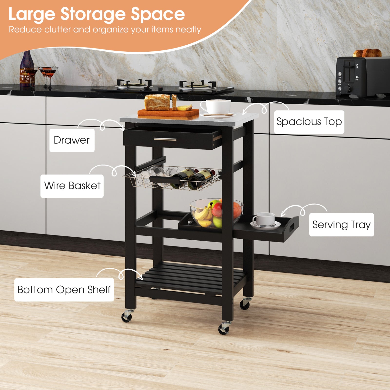 Kitchen Rolling Island with Stainless Steel Countertop and Basket-Black
