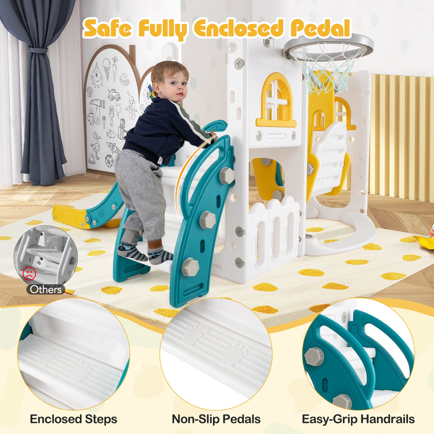 7-in-1 L-shaped Toddler Swing and Slide Set with Swing with Fillable Base-Yellow