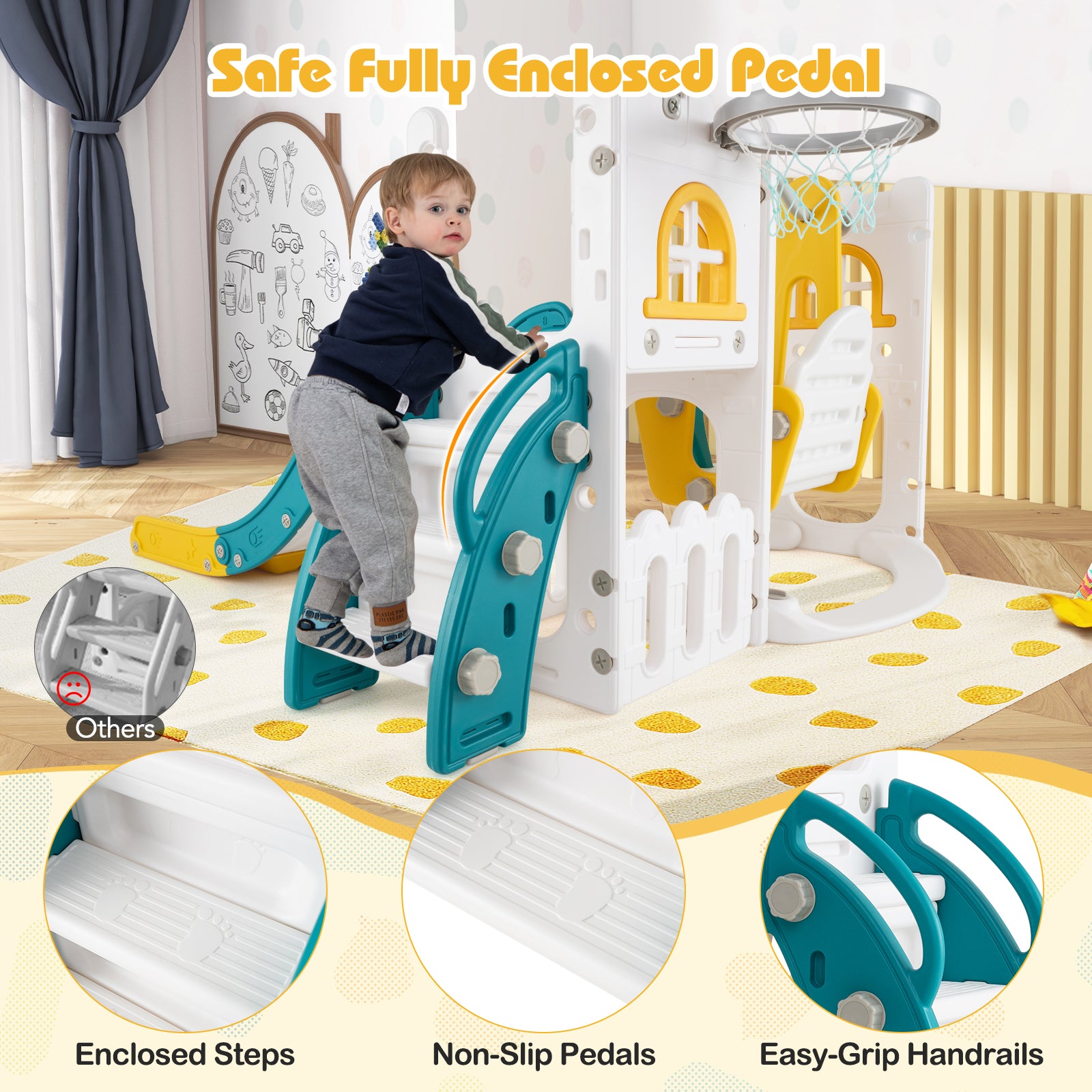 7-in-1 L-shaped Toddler Swing and Slide Set with Swing with Fillable Base-Yellow