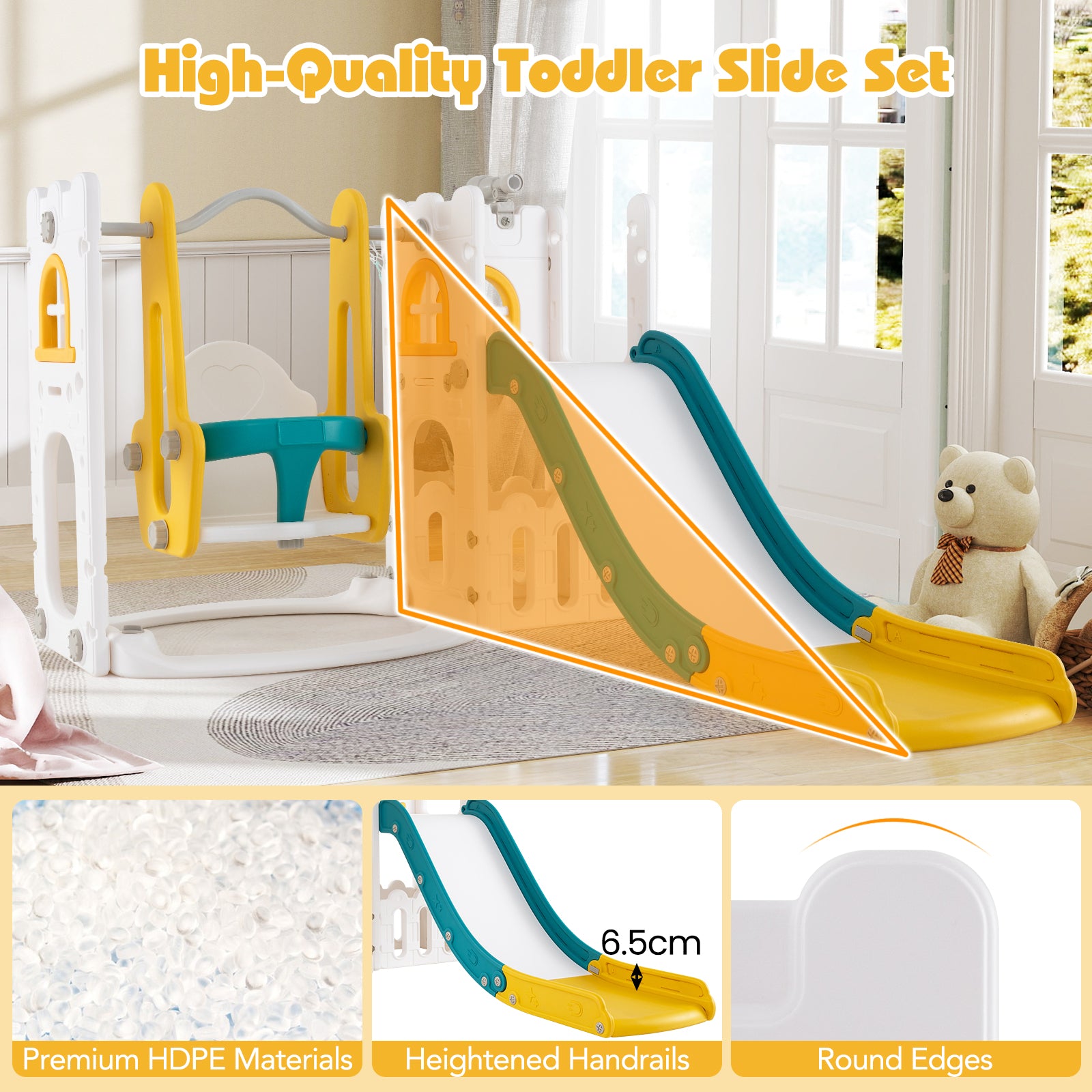7-in-1 L-shaped Toddler Swing and Slide Set with Swing with Fillable Base-Yellow