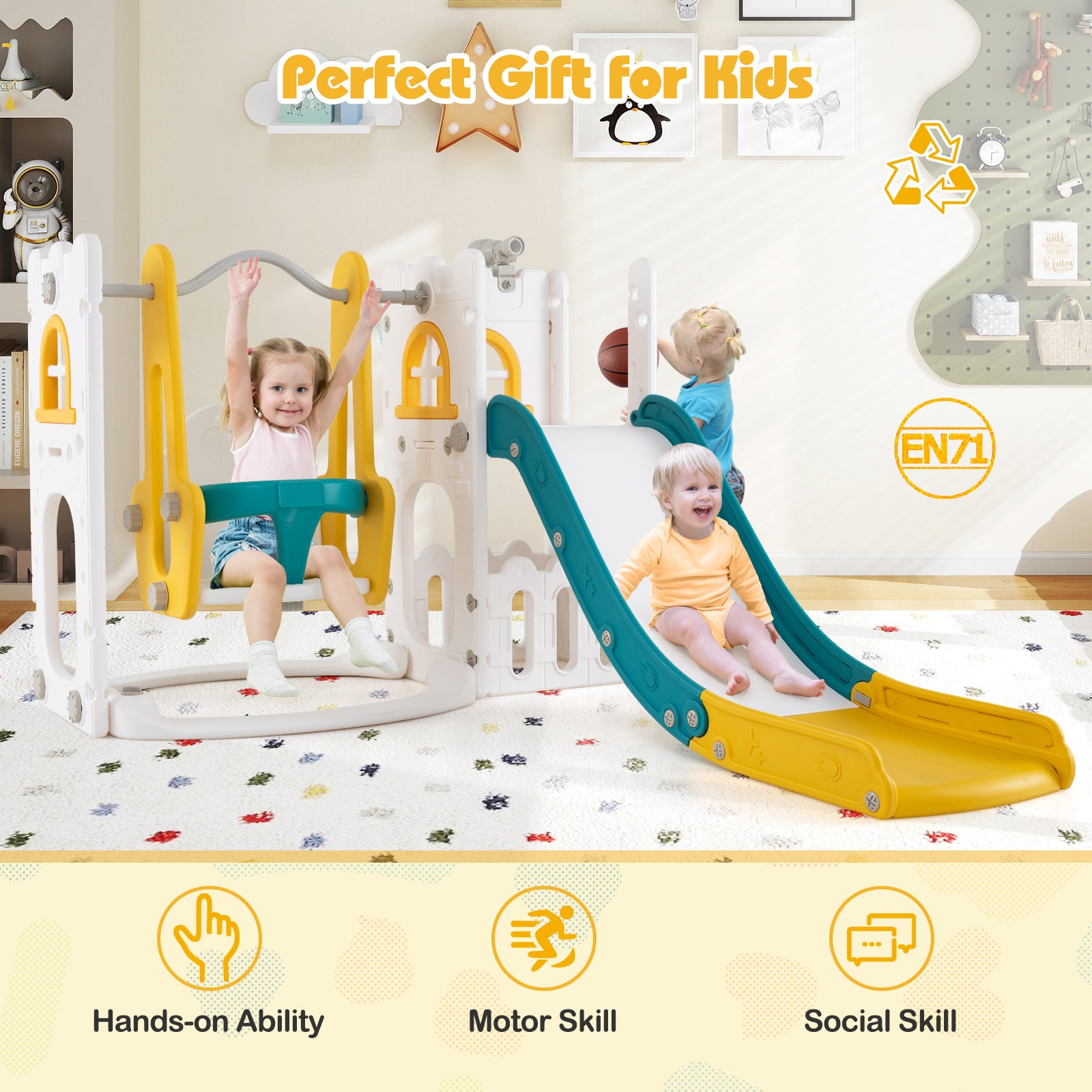 7-in-1 L-shaped Toddler Swing and Slide Set with Swing with Fillable Base-Yellow