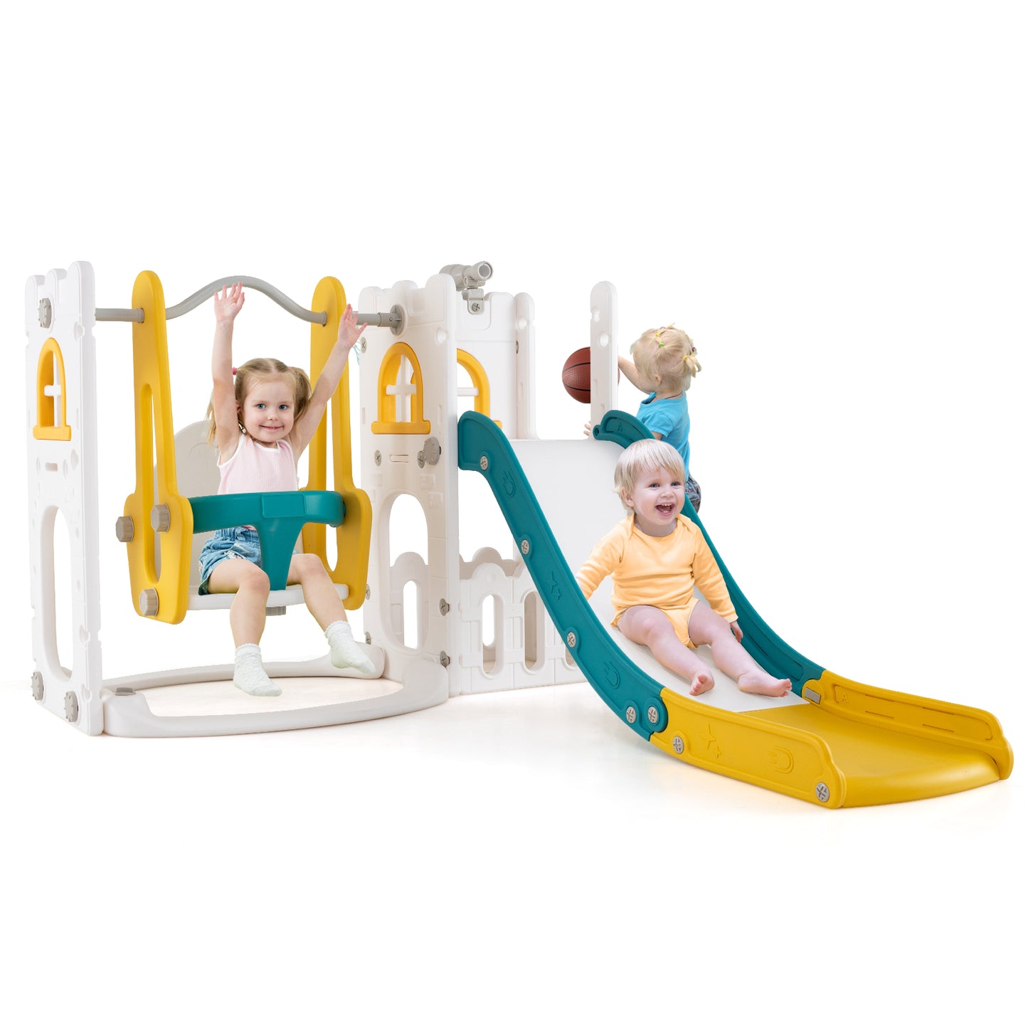 7-in-1 L-shaped Toddler Swing and Slide Set with Swing with Fillable Base-Yellow