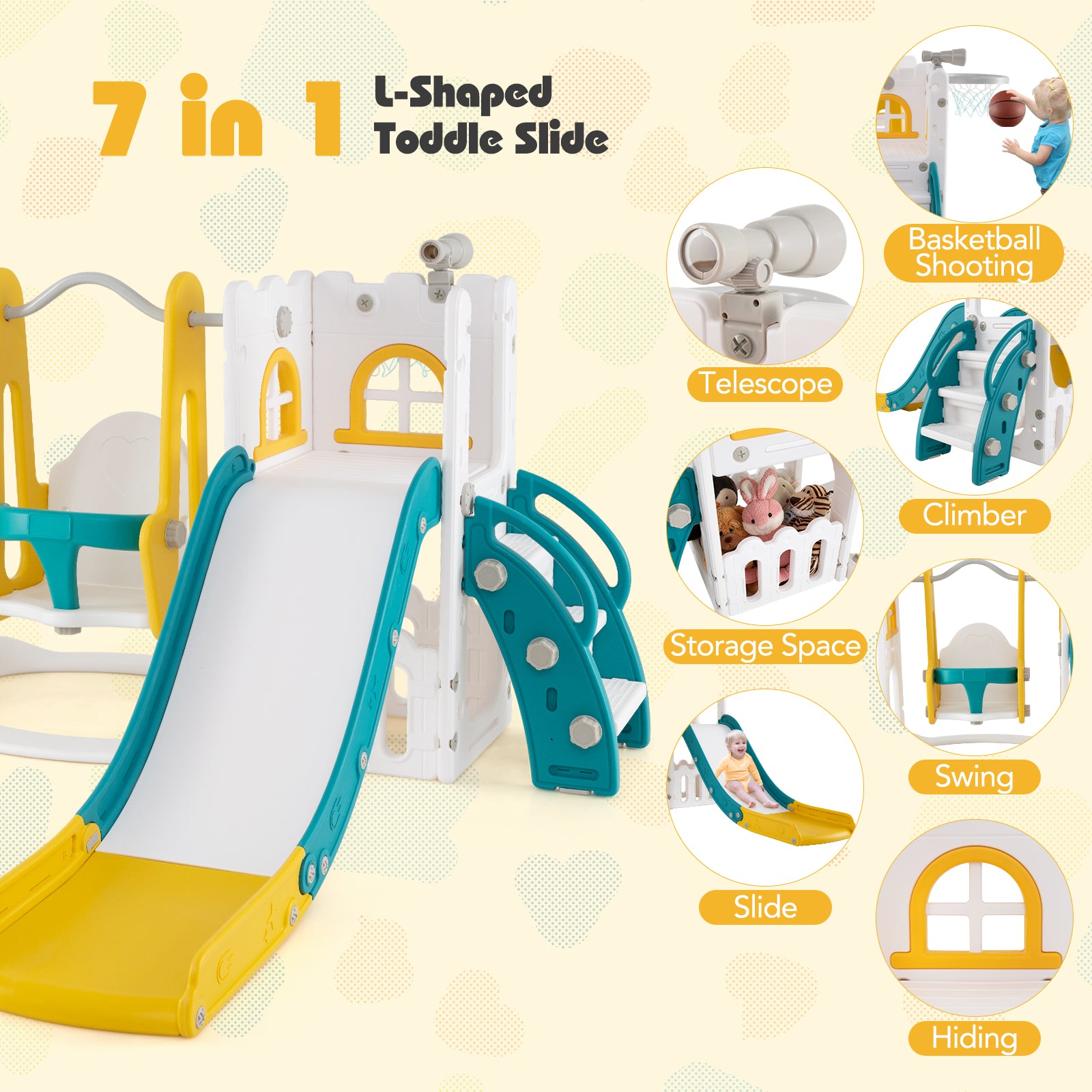 7-in-1 L-shaped Toddler Swing and Slide Set with Swing with Fillable Base-Yellow