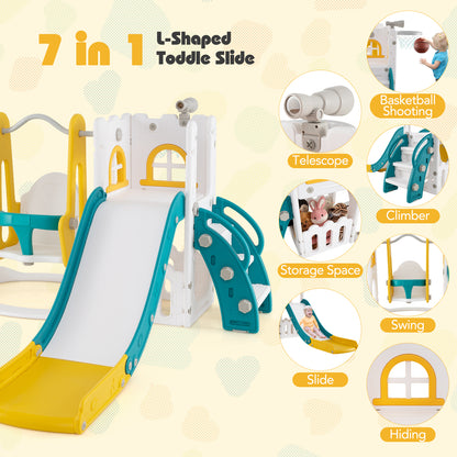 7-in-1 L-shaped Toddler Swing and Slide Set with Swing with Fillable Base-Yellow