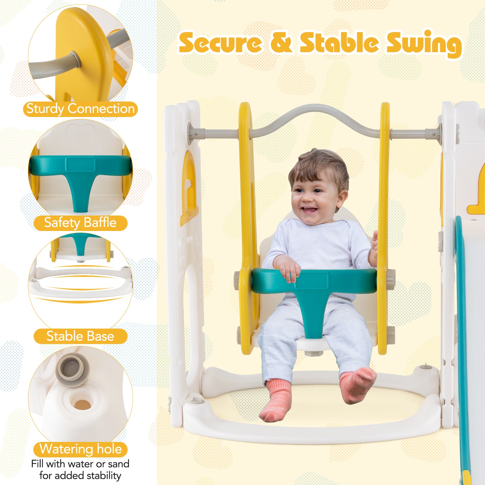 7-in-1 L-shaped Toddler Swing and Slide Set with Swing with Fillable Base-Yellow