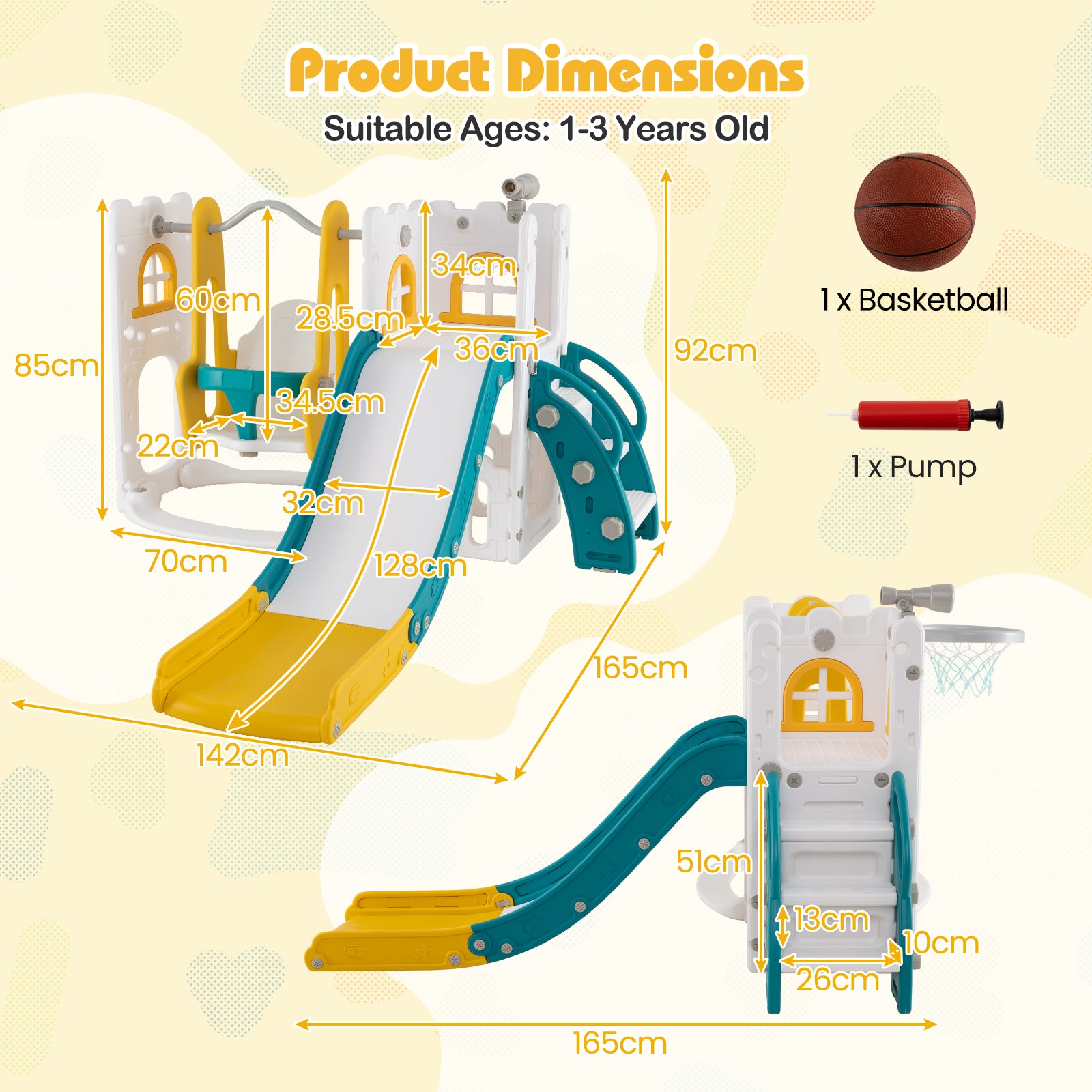 7-in-1 L-shaped Toddler Swing and Slide Set with Swing with Fillable Base-Yellow