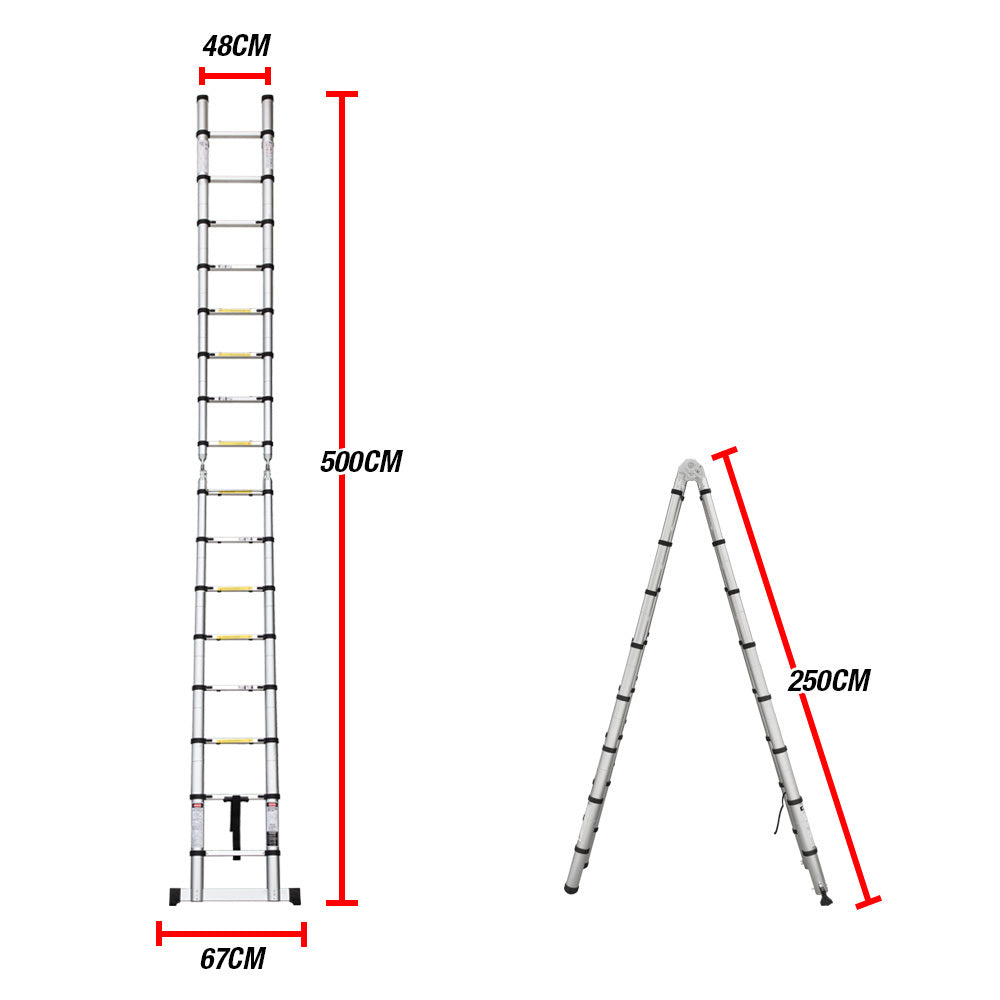 5m Telescopic Aluminium Ladder, 17kg Lightweight Extendable with Safety Features