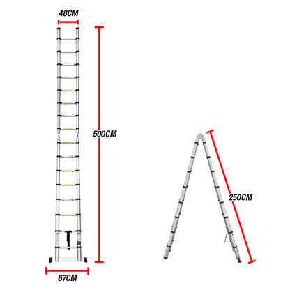 5m Telescopic Aluminium Ladder, 17kg Lightweight Extendable with Safety Features