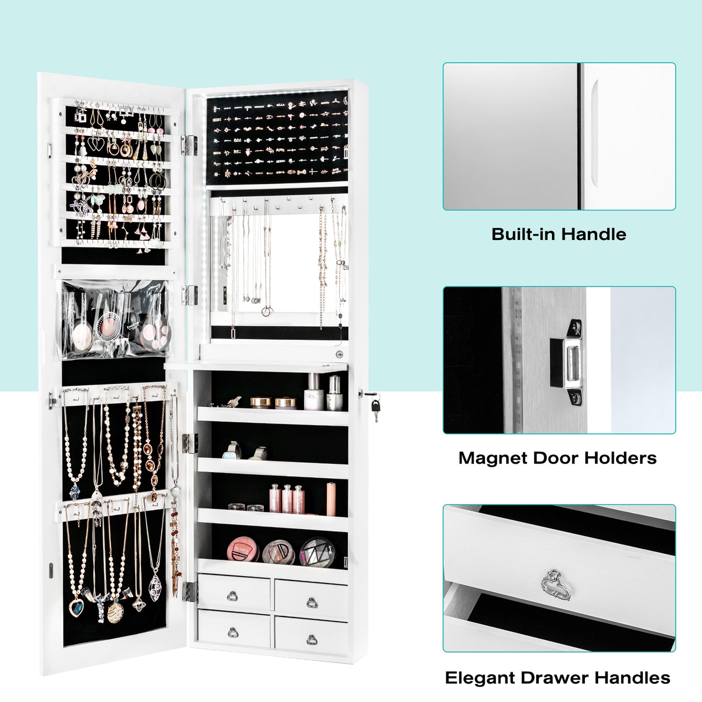 LED Full-length Mirror Jewelry Cabinet Multipurpose Storage Cabinet-White