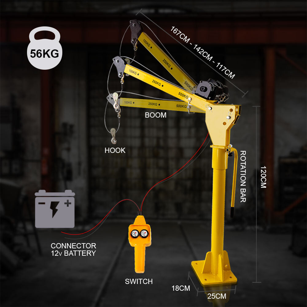 Electric Hoist Winch Crane 12V, 800kg Capacity, 2m Lift, 360° Rotation