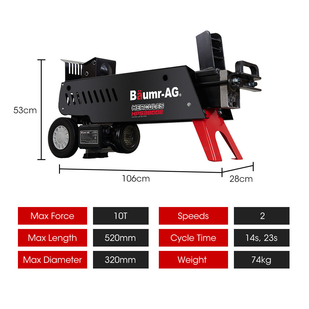 10 Tonne Electric Hydraulic Log Splitter with 0.32m Diameter, 0.52m Length Limit
