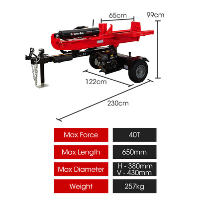 40 Tonne Petrol Hydraulic Log Splitter, 0.65m Logs, 40kg Force, Quick Cycle