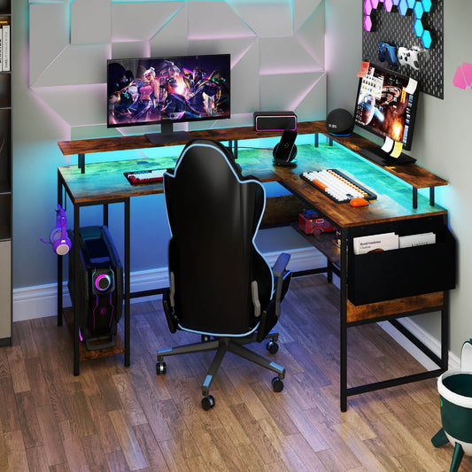 L-Shaped Home Office Gaming Desk with LED Lights and Power Outlets-Rustic Brown