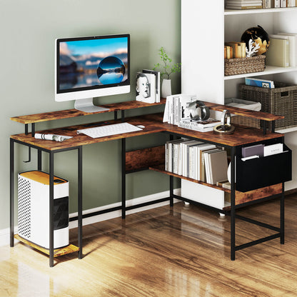 L-Shaped Home Office Gaming Desk with LED Lights and Power Outlets-Rustic Brown