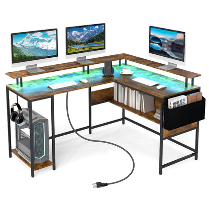 L-Shaped Home Office Gaming Desk with LED Lights and Power Outlets-Rustic Brown