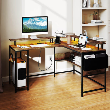 L-Shaped Home Office Gaming Desk with LED Lights and Power Outlets-Rustic Brown