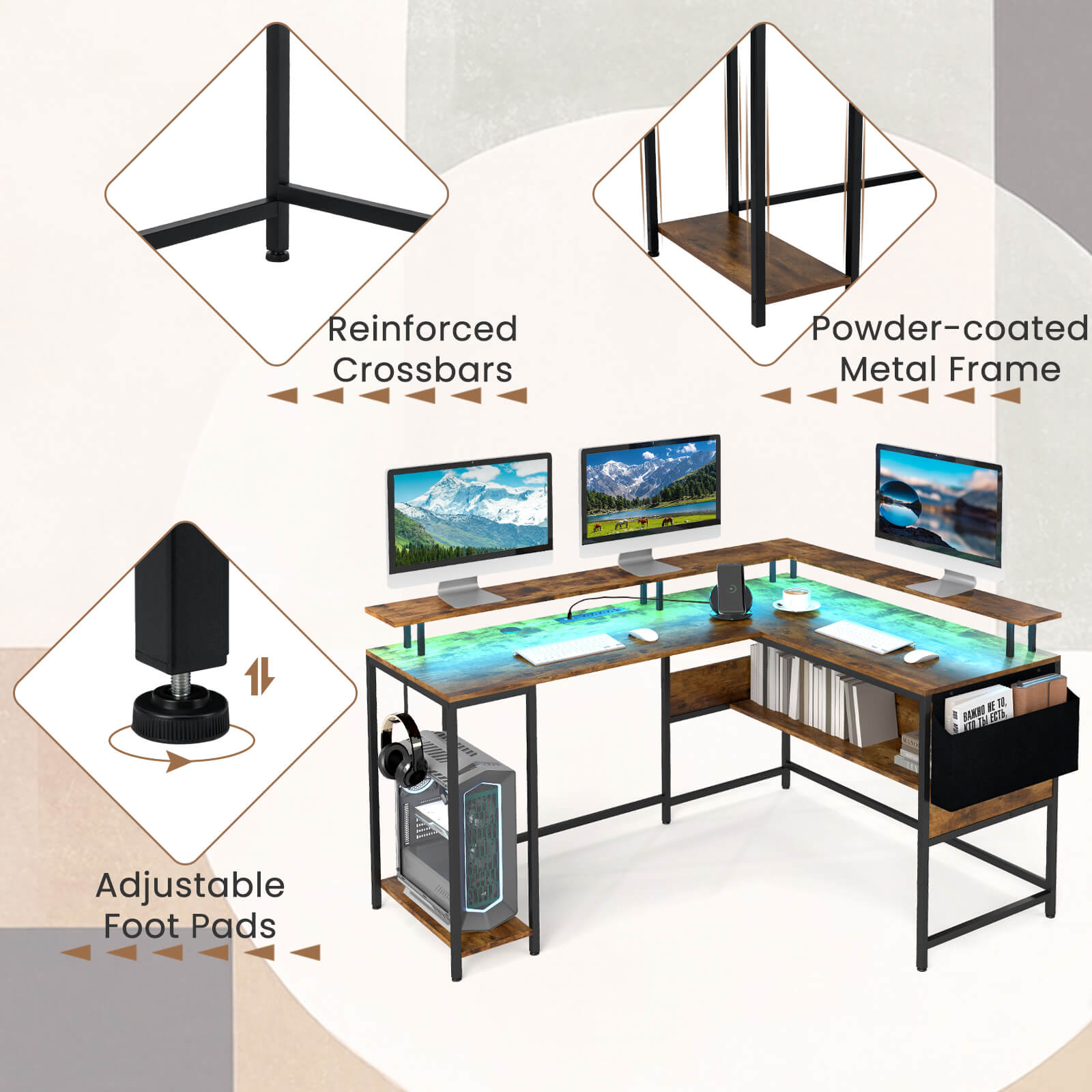 L-Shaped Home Office Gaming Desk with LED Lights and Power Outlets-Rustic Brown
