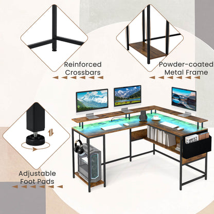 L-Shaped Home Office Gaming Desk with LED Lights and Power Outlets-Rustic Brown