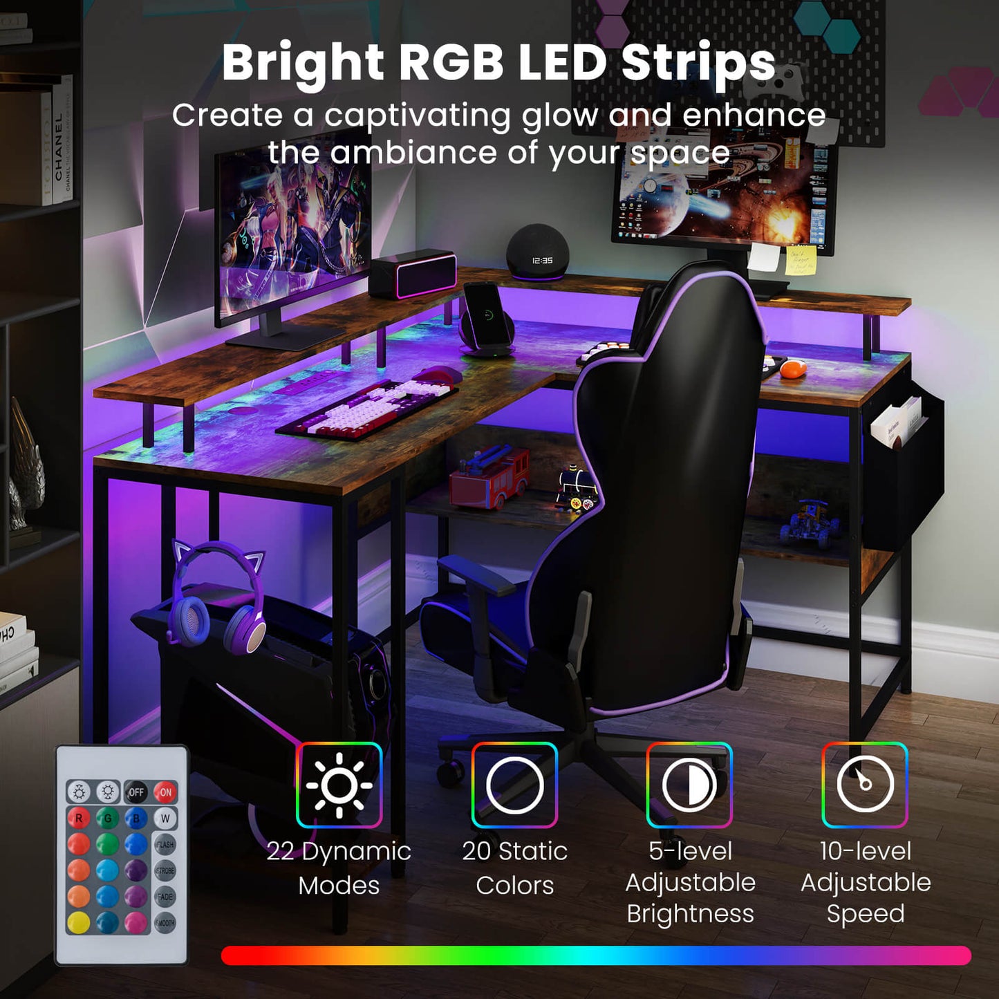 L-Shaped Home Office Gaming Desk with LED Lights and Power Outlets-Rustic Brown
