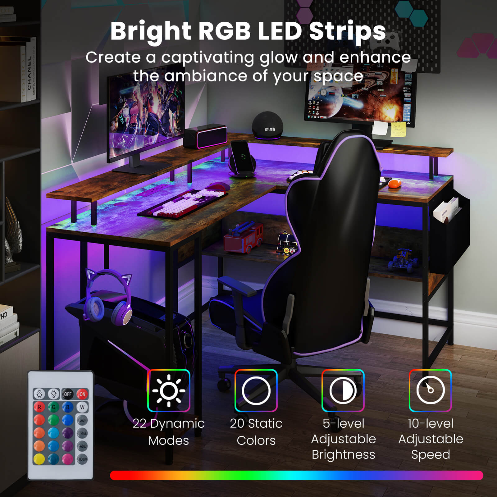 L-Shaped Home Office Gaming Desk with LED Lights and Power Outlets-Rustic Brown
