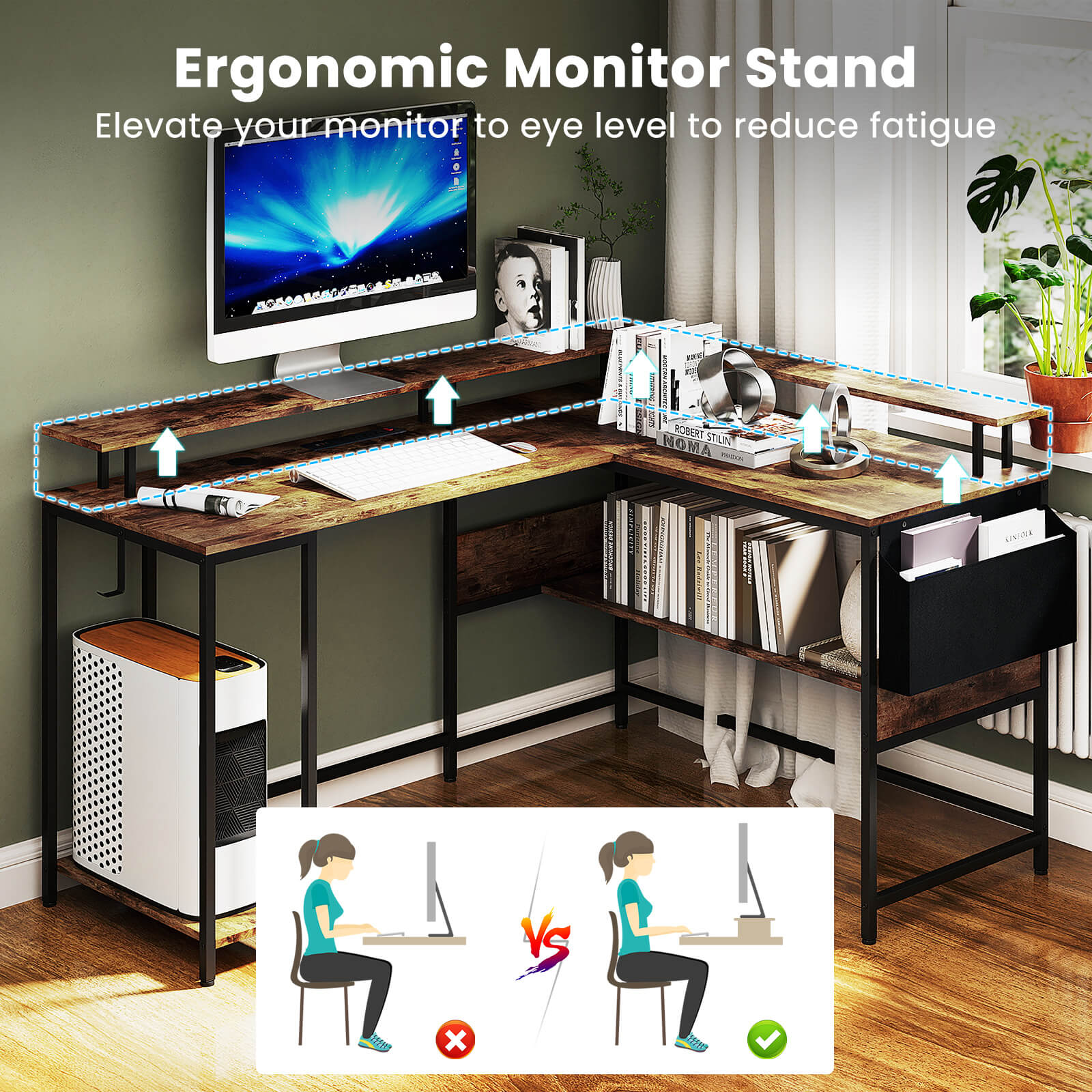 L-Shaped Home Office Gaming Desk with LED Lights and Power Outlets-Rustic Brown
