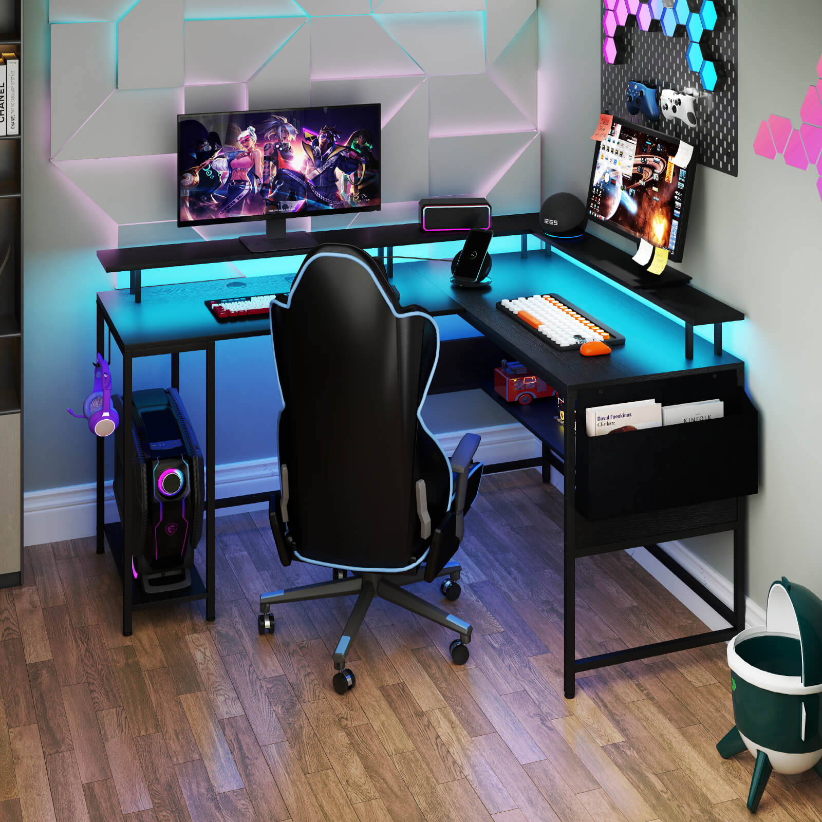 L-Shaped Home Office Gaming Desk with LED Lights and Power Outlets-Black