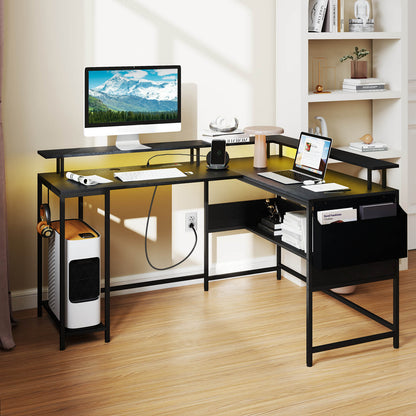 L-Shaped Home Office Gaming Desk with LED Lights and Power Outlets-Black