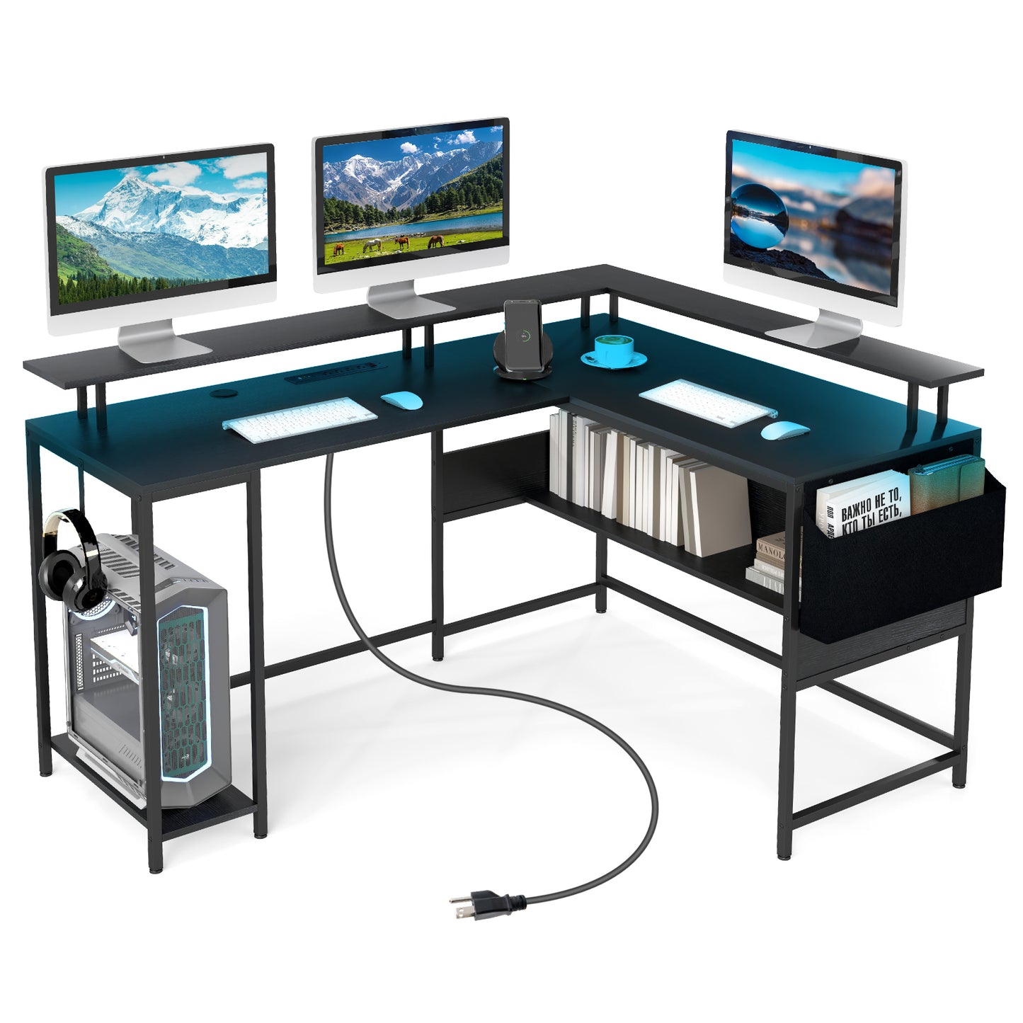 L-Shaped Home Office Gaming Desk with LED Lights and Power Outlets-Black