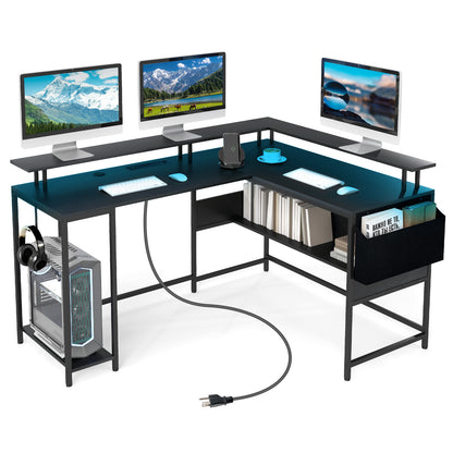 L-Shaped Home Office Gaming Desk with LED Lights and Power Outlets-Black