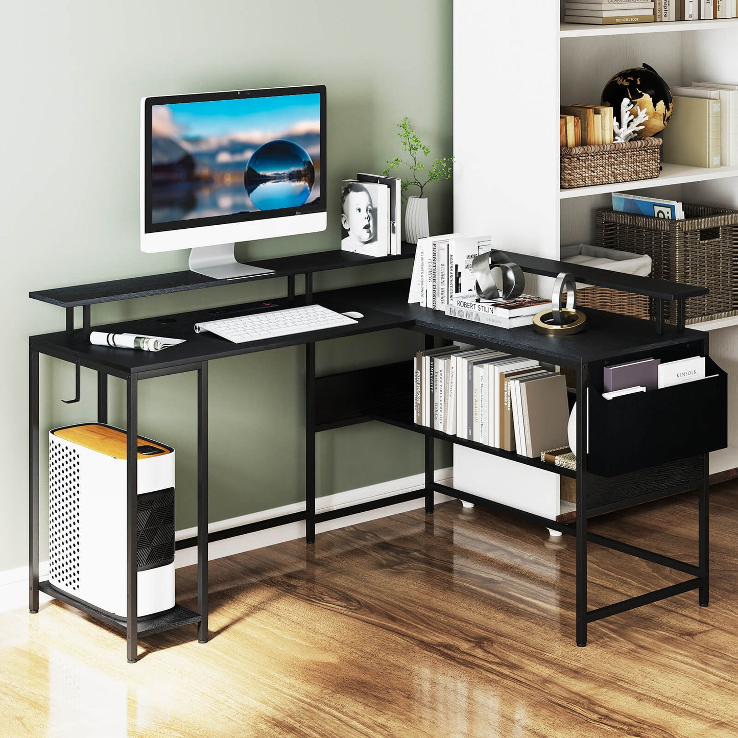 L-Shaped Home Office Gaming Desk with LED Lights and Power Outlets-Black