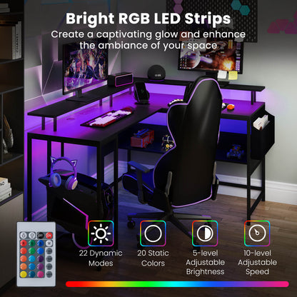 L-Shaped Home Office Gaming Desk with LED Lights and Power Outlets-Black